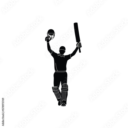 Cricket Victory Silhouette: A striking silhouette of a triumphant cricketer raises their bat and helmet in a gesture of victory after a match, symbolizing athletic achievement and sportsmanship.