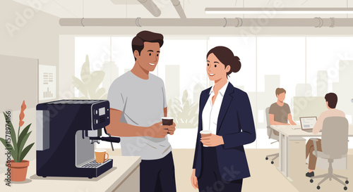 Business professionals enjoying coffee break discussions for corporate marketing, office culture content, and team-building materials