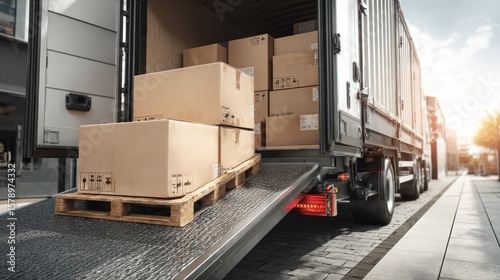 Truck unloading boxes onto ramp