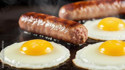 Fried eggs and sausages cooking on a hot griddle closeup view of breakfast meal