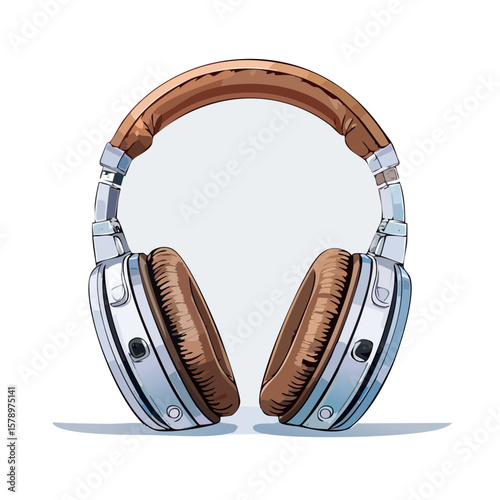 Stylish headphones illustration with brown earcups and metal frame on black background