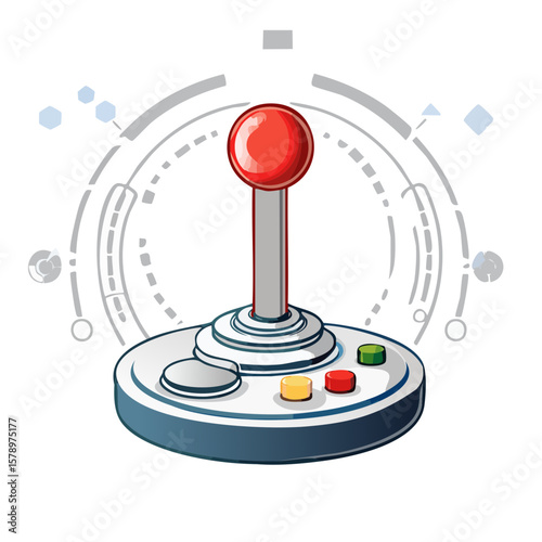 Retro joystick console with red handle and buttons surrounded by futuristic UI elements gaming controller video game vector illustration