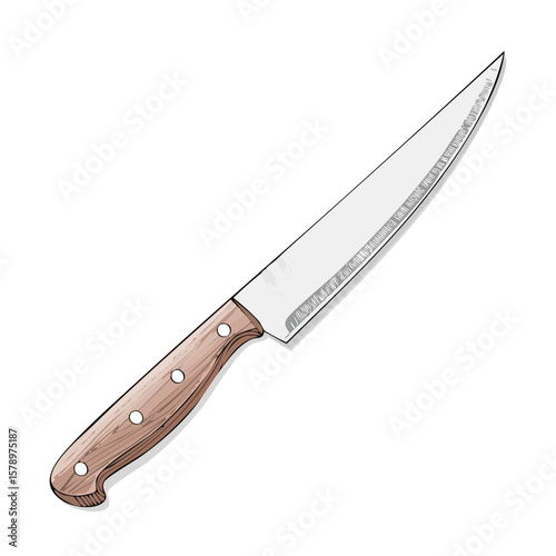 Illustration of a chef knife with wooden handle kitchen tool cooking preparation slicing food safety kitchenware isolated on black background