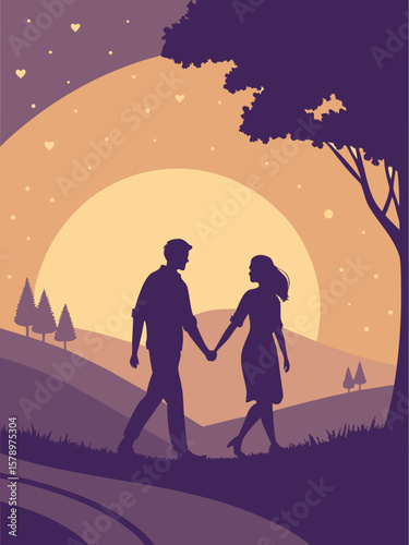 A silhouetted couple is walking hand in hand at sunset in nature