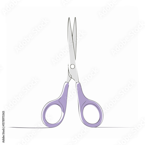 Open craft scissors with purple handles stand against a white background.