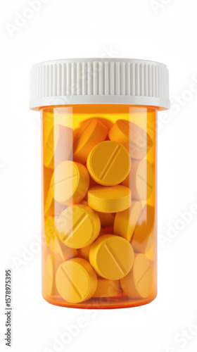Clear prescription bottle filled with yellow tablets, showcasing common medication storage. vibrant color and transparency highlight contents
