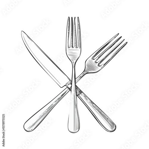 Knife and forks elegant sketch illustration utensil flatware silverware kitchenware culinary design for menu or banner on black
