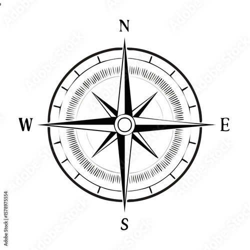 Nautical compass rose emblem with directional points navigation tool on black background orientation travel discovery