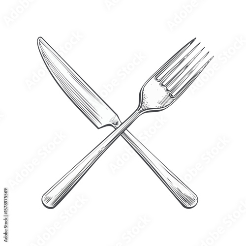 Crossed fork and knife vintage illustration dining food preparation cutlery sketch style kitchen serving restaurant bistro graphic