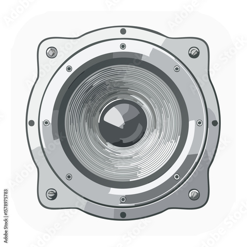 Gray and White Music Speaker in a Square Metal Enclosure Illustration