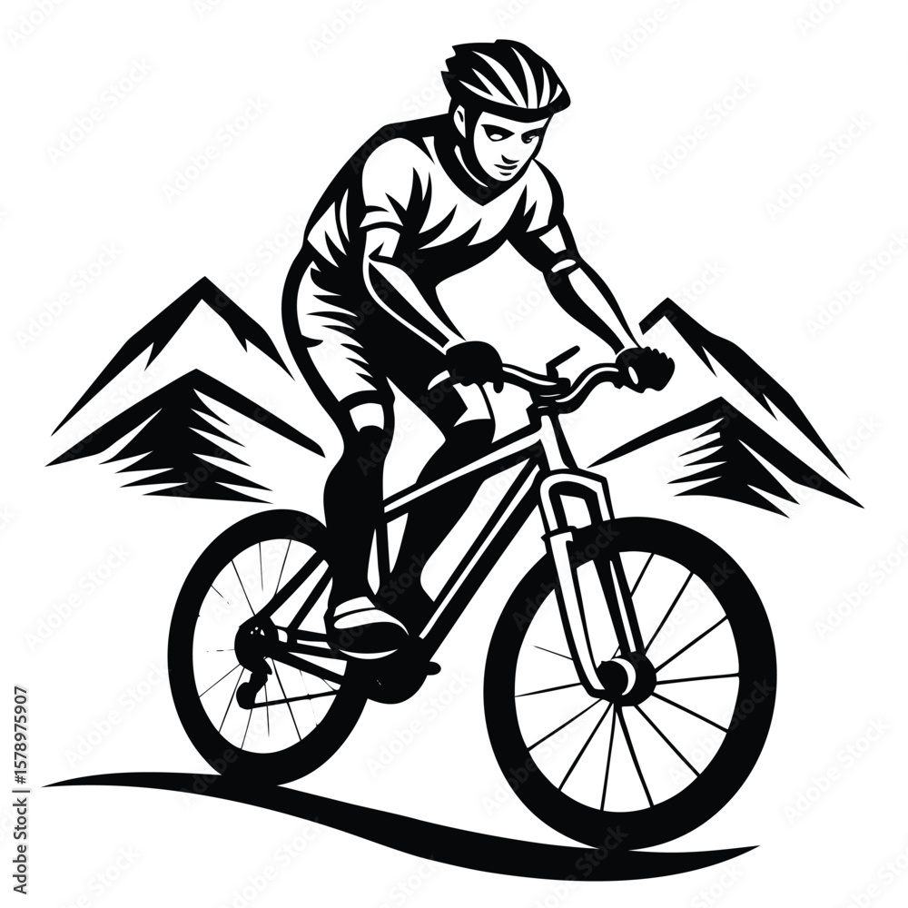 Naklejka premium Mountain biker riding downhill mountain biking cyclist