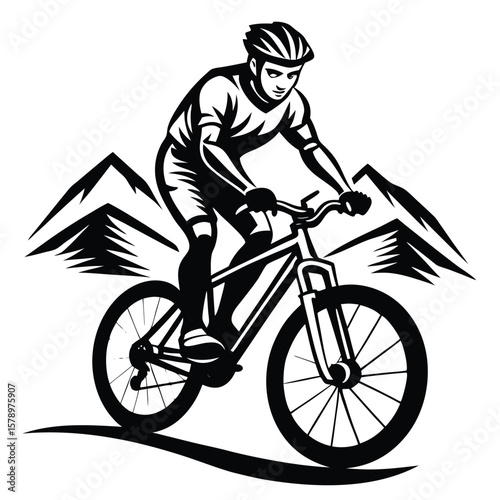 Mountain biker riding downhill mountain biking cyclist