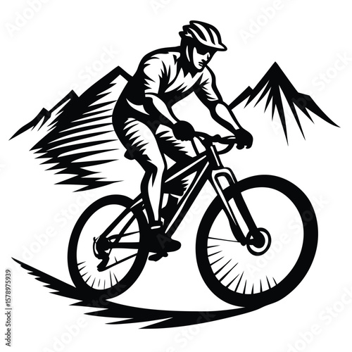 Mountain biker riding downhill mountain biking cyclist