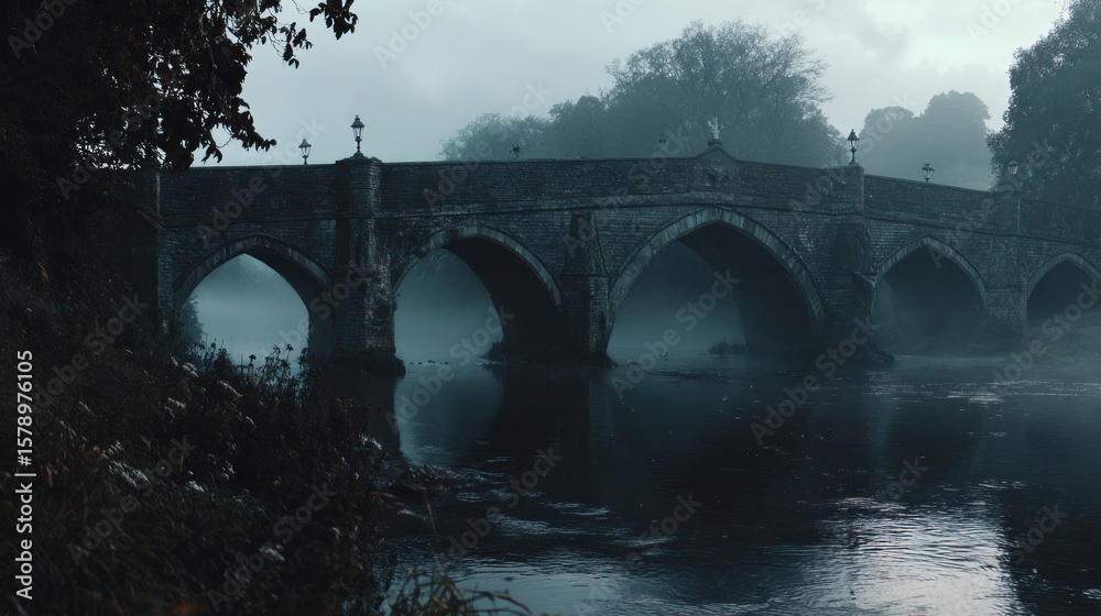 Fototapeta premium Misty morning scene of an old stone bridge over a river