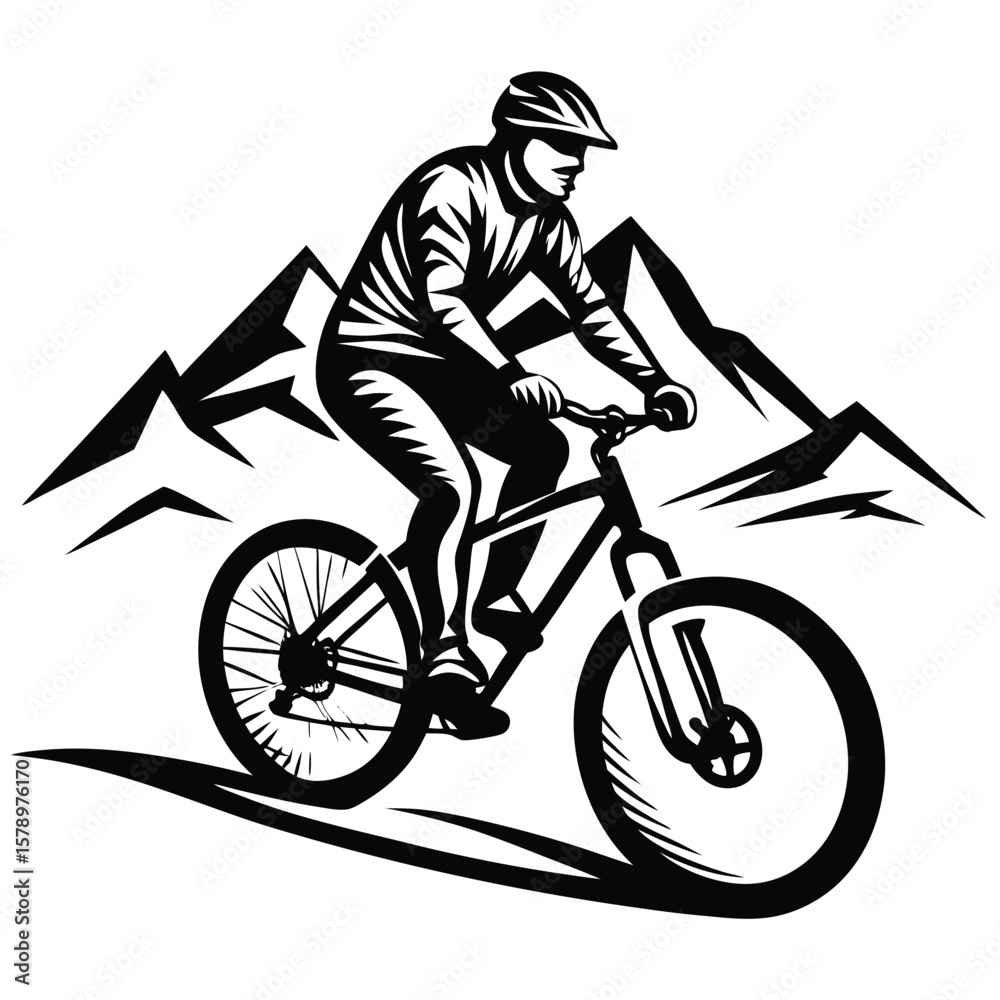 Naklejka premium Mountain biker riding downhill with peaks mountain biking