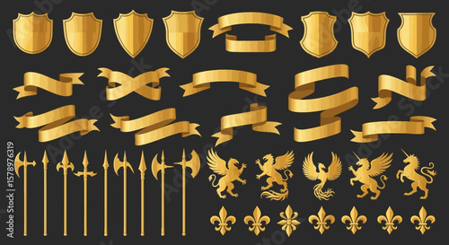 Golden Heraldic Elements Shields, Ribbons, Weapons and Fantasy Creatures for Medieval Design