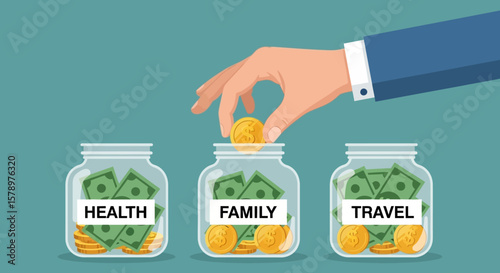 Savings Jars Illustration Health, Family & Travel - Plan Your Future Finances