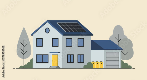 A modern house with solar panels on the roof showcases sustainable energy and ecofriendly living