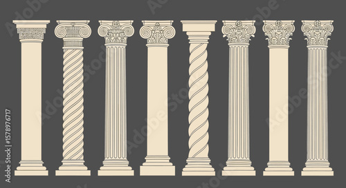 Detailed Architectural Columns Illustration Ancient Pillars and Decorative Design Elements Collection