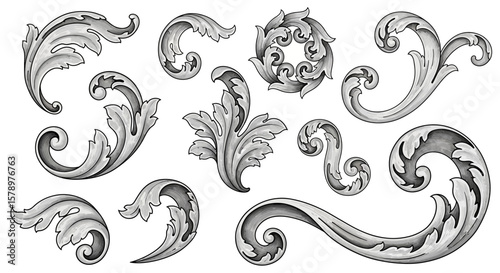 Elegant Floral Ornament Collection  Classic Acanthus Scrollwork in Vector Format, for Decorative Designs and Artistic Projects