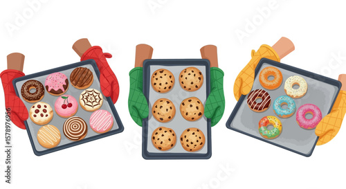 Homemade Sweet Treats Freshly Baked Cookies and Donuts on Trays with Oven Gloves