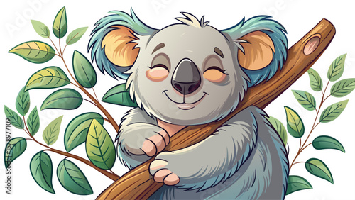 close up A sleepy koala clings lazily to a cartoon eucalyptus branch. Its small smile and droopy eyes radiate cozy stillness, celebrating gentle solitude in a soft, hand-drawn forest sketch. White 