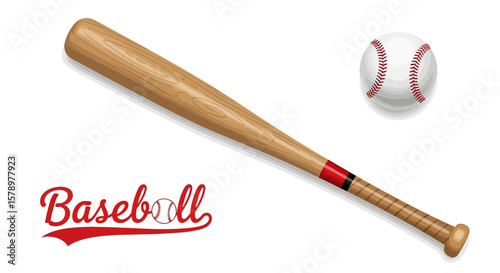 Classic baseball game equipment illustration featuring a wooden bat and a ball, set against a clean, bright background.