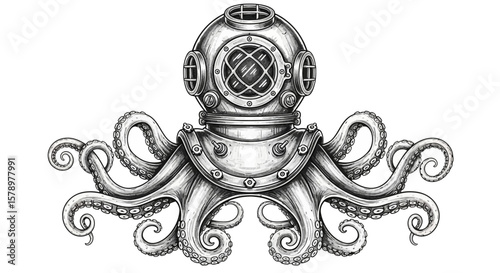 Nautical Depths Octopus in Diving Gear - Ink Drawing Style