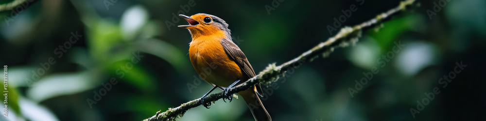 Fototapeta premium Orange-breasted Bird on Branch in Green Foliage