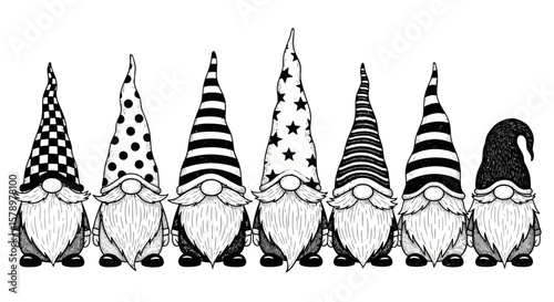 Whimsical Gnomes Collection A Lineup of Charming Dwarfs with Varied Patterned Hats in Black and White Illustration