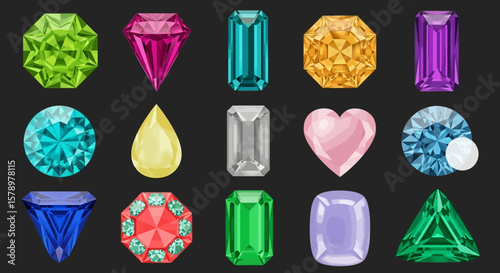 Assorted Gemstones Vector Illustration of Colorful Jewels and Precious Stones on Dark Background