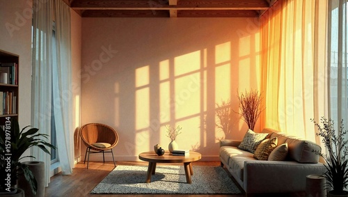 Cozy contemporary living space bathed in golden hour sunlight with window shadows, featuring minimalist furniture and natural home decor elements