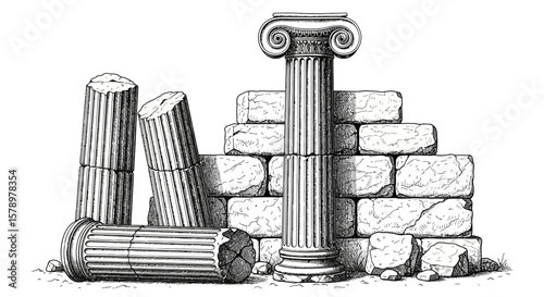 Intricate Antique Architectural Ruins Illustration with Detailed Stone Work, Pillars, and Classic Design Elements for Historical Themes