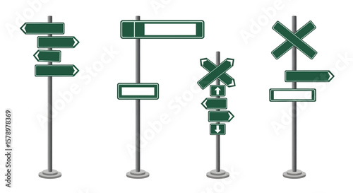Green Directional Signage Collection Vector Illustration of Route Guidance and Location Information