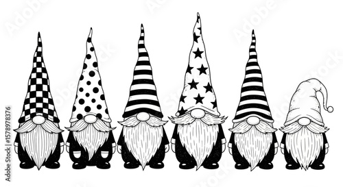 Whimsical Gnomes Vector Art Black and White Illustration of Festive Garden Figurines 