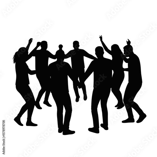 Energetic Celebration: Silhouetted figures dance and celebrate in a moment of uninhibited joy, their forms capturing the exuberance and free-spiritedness of the occasion. 