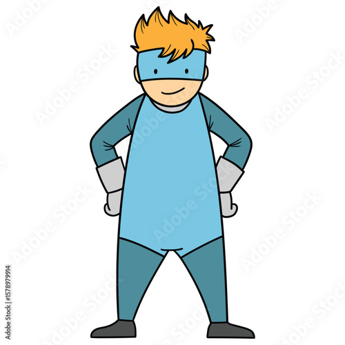 Hand drawn cartoon boy superhero on white background.