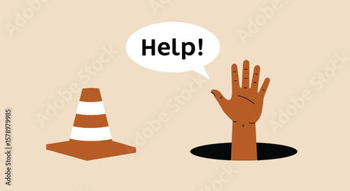 A hand reaching out of a hole with a speech bubble saying help next to a traffic cone