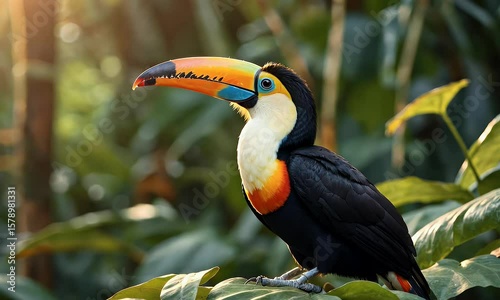 Vibrant toucan perched on lush green foliage in a tropical forest, basking in warm sunlight