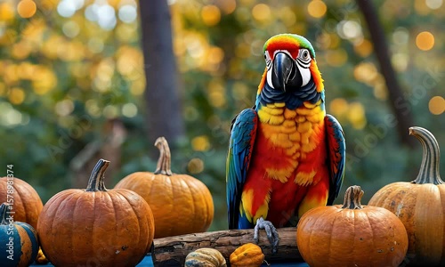 Vibrant parrot perched among pumpkins in a colorful autumn setting with blurred foliage background