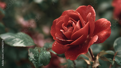 stunning close-up image of a beautiful red rose in the garden capturing delicate petals and natural elegance in vibrant floral detail and soft lighting