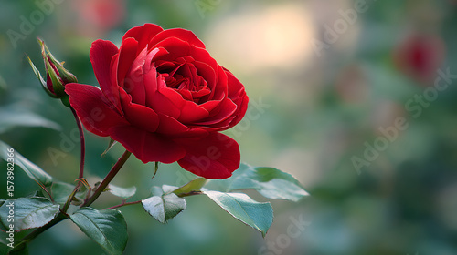 stunning close-up image of a beautiful red rose in the garden capturing delicate petals and natural elegance in vibrant floral detail and soft lighting