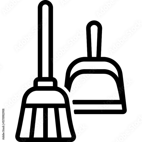 Broom and dustpan cleaning tools outline icon vector