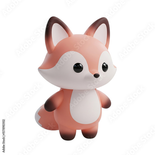 Cute 3D cartoon red fox character isolated on white.