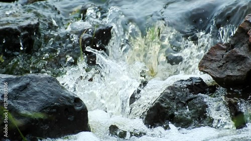Close-up of water flowing over rocks in a stream, capturing the movement and energy of nature in a tranquil setting.