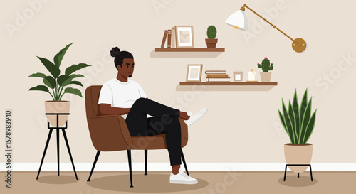 A man is relaxing in a chair at home surrounded by plants and modern decor