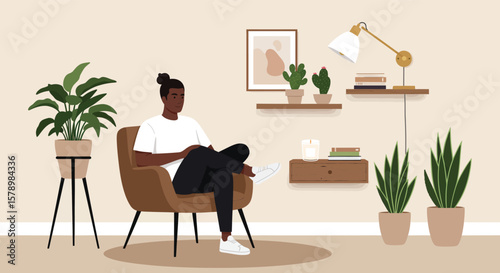 A man is relaxing in a chair at home surrounded by plants and modern decor