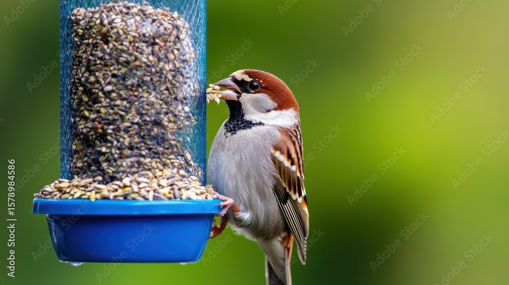 Naklejka premium Sparrow eats seeds from a bird feeder