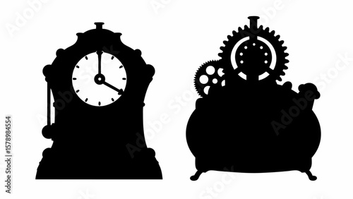 Silhouette of two clocks one with gears and the other with a pendulum in black and white design