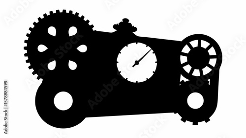 Silhouette of a steampunk device with gears, a gauge, and circular elements in black and white design